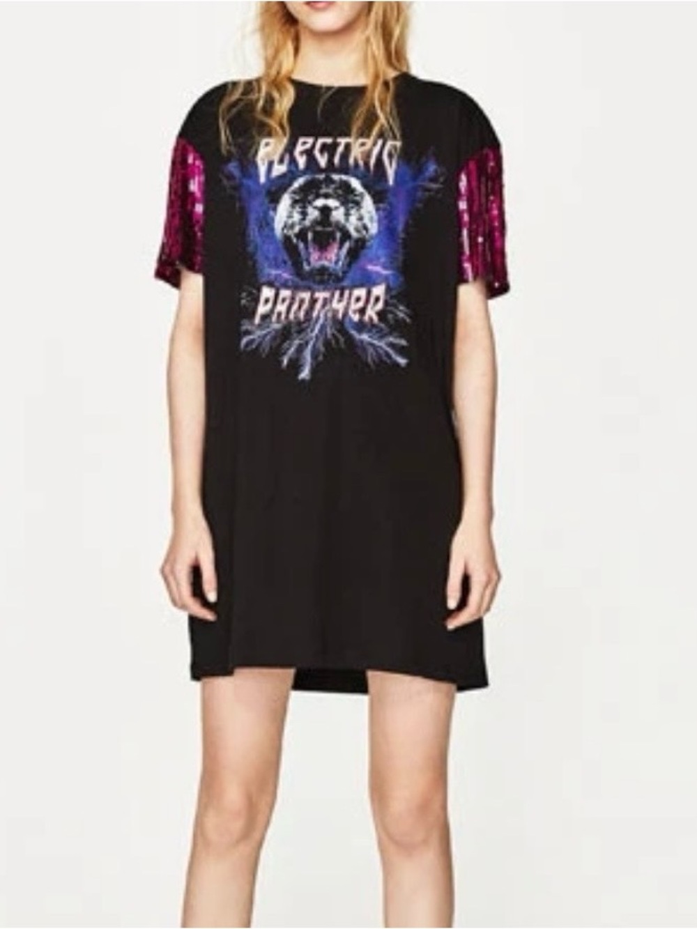 Zara Electric Panther sequin sleeves short-sleeve t-shirt dress